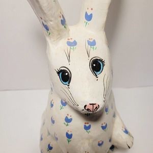 Vintage Paper Mache Bunny Rabbit W/ Blue Tulips Anthromorphic Phillipines 16"H